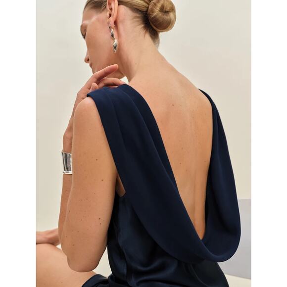 Reformation Jonelle Silk Dress Navy - Picture 5 of 12